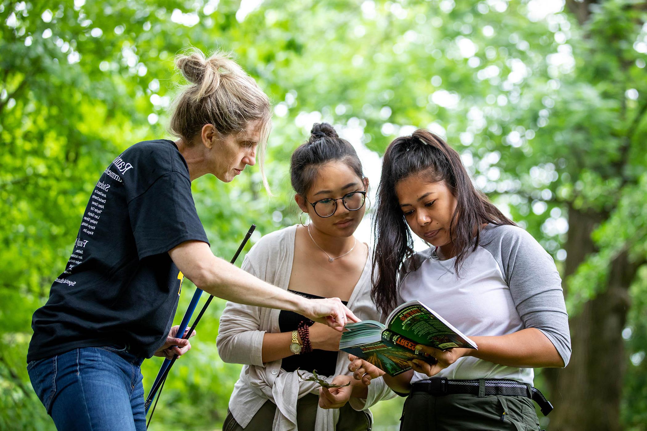 环境科学教授卡琳·沃伦帮助暑期研究的学生进行森林调查.