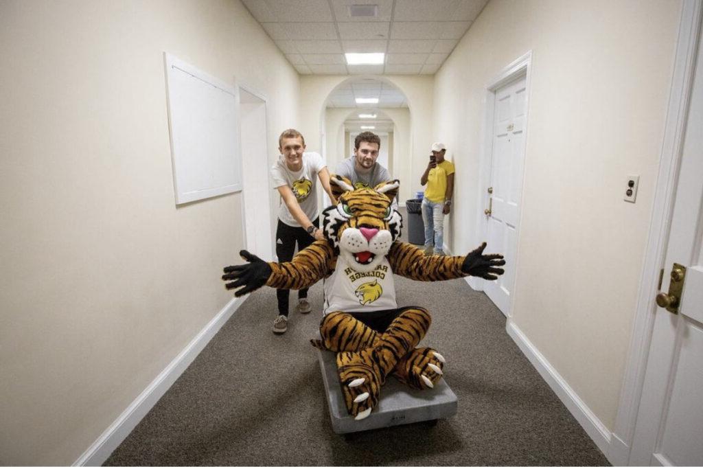 student push Wanda Wildcat on a furniture cart on move in day